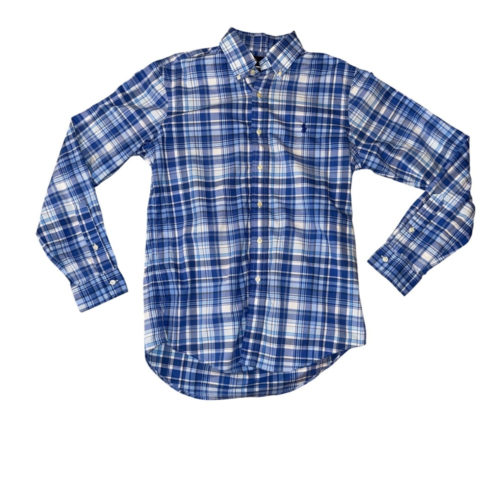 Ralph Lauren Button Down Shirt Mens Small Blue Plaid Cotton Stretch Pony